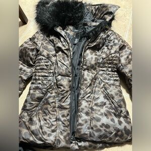 Moda International Brown Leopard Puffer Jacket with Black Faux Fur Hood